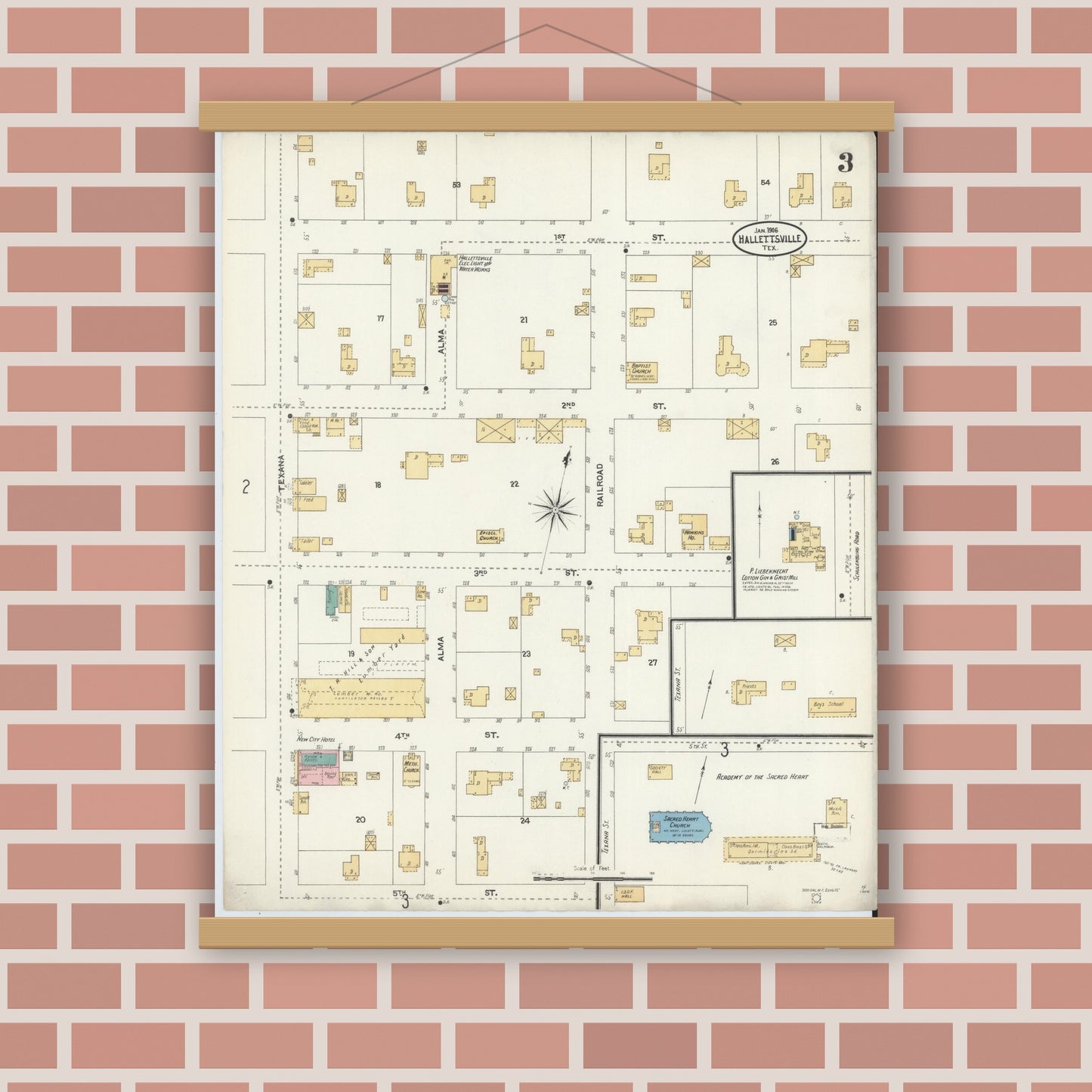 Old map wall art mockup — magnetic wood frame on brick wall — Sanborn Fire Insurance Map from Hallettsville, Lavaca County, Texas (1906), Sheet #0003