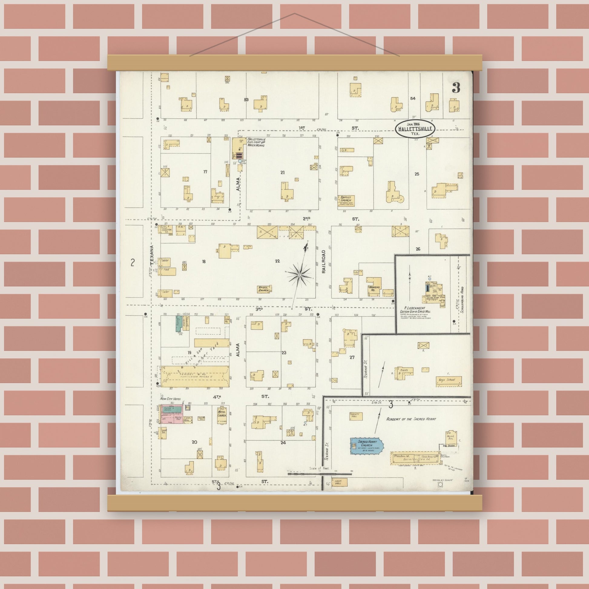 Old map wall art mockup — magnetic wood frame on brick wall — Sanborn Fire Insurance Map from Hallettsville, Lavaca County, Texas (1906), Sheet #0003