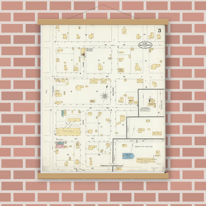 Old map wall art mockup — magnetic wood frame on brick wall — Sanborn Fire Insurance Map from Hallettsville, Lavaca County, Texas (1906), Sheet #0003