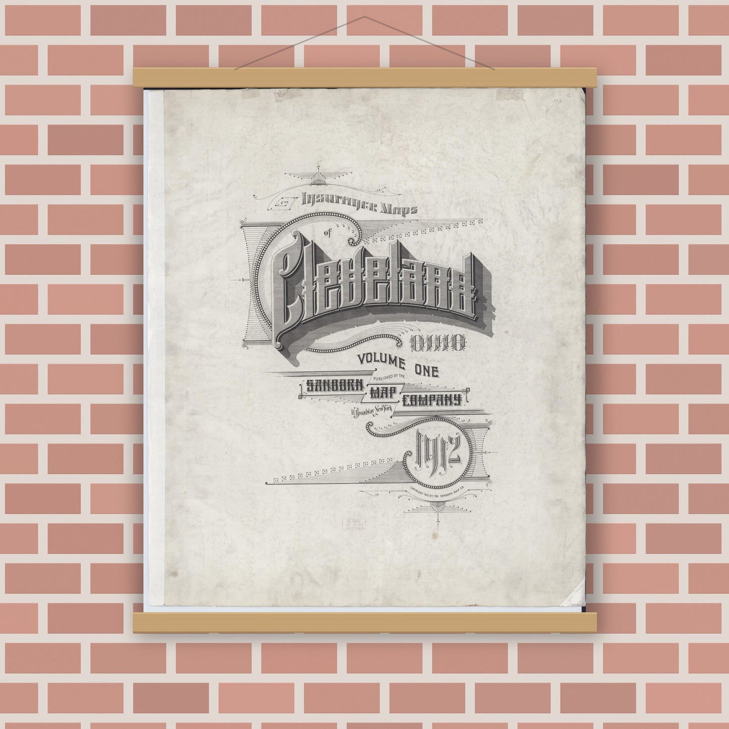 Old map wall art mockup — magnetic wood frame on brick wall — Sanborn Fire Insurance Map from Cleveland, Cuyahoga County, Ohio (1912), Sheet #0001