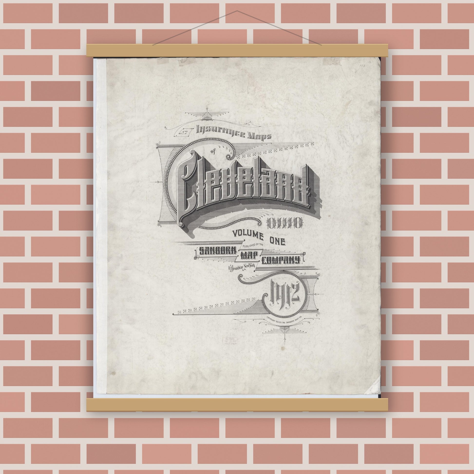 Old map wall art mockup — magnetic wood frame on brick wall — Sanborn Fire Insurance Map from Cleveland, Cuyahoga County, Ohio (1912), Sheet #0001
