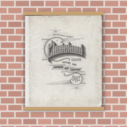 Old map wall art mockup — magnetic wood frame on brick wall — Sanborn Fire Insurance Map from Cleveland, Cuyahoga County, Ohio (1912), Sheet #0001