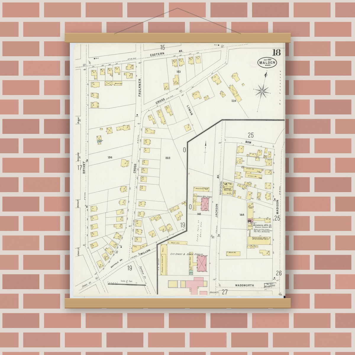 Old map wall art mockup — magnetic wood frame on brick wall — Sanborn Fire Insurance Map from Malden, Middlesex County, Massachusetts (1897), Sheet #0018
