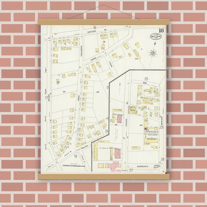 Old map wall art mockup — magnetic wood frame on brick wall — Sanborn Fire Insurance Map from Malden, Middlesex County, Massachusetts (1897), Sheet #0018