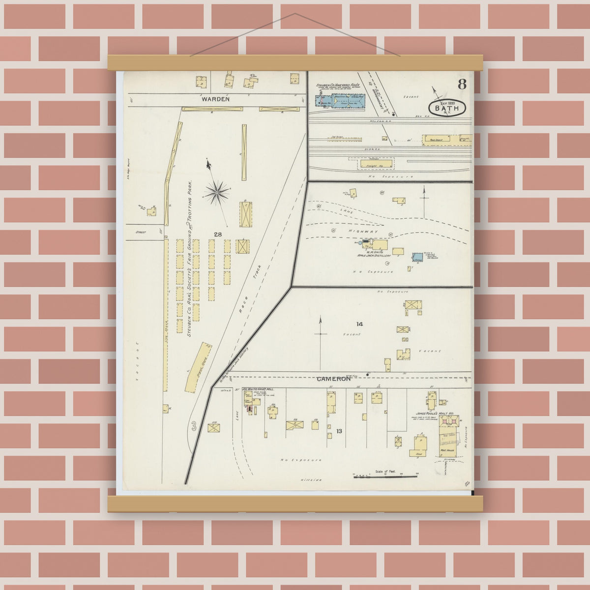 Old map wall art mockup — magnetic wood frame on brick wall — Sanborn Fire Insurance Map from Bath, Steuben County, New York (1893), Sheet #0008