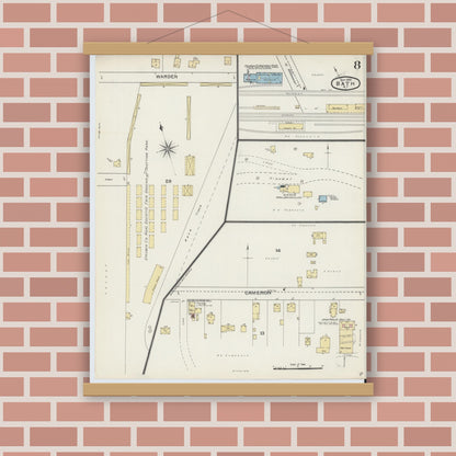 Old map wall art mockup — magnetic wood frame on brick wall — Sanborn Fire Insurance Map from Bath, Steuben County, New York (1893), Sheet #0008