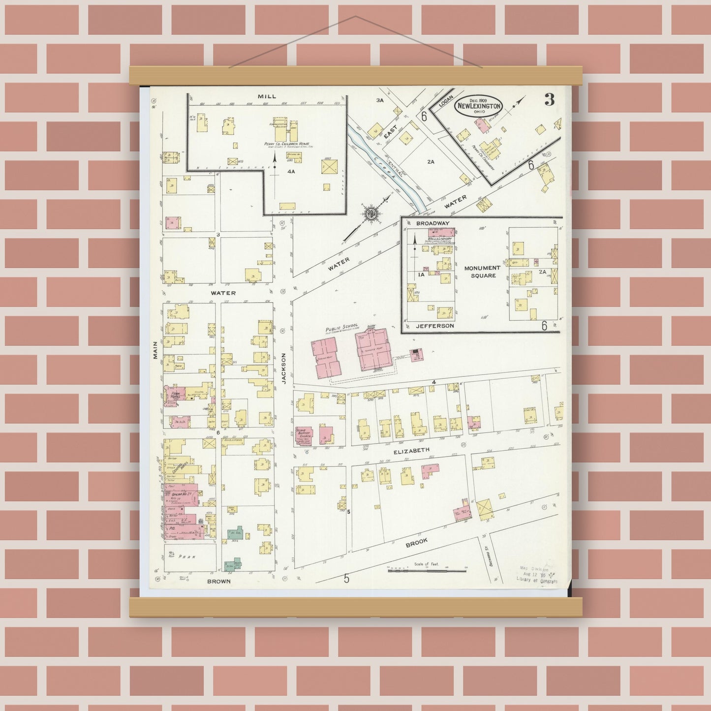Old map wall art mockup — magnetic wood frame on brick wall — Sanborn Fire Insurance Map from New Lexington, Perry County, Ohio (1909), Sheet #0003