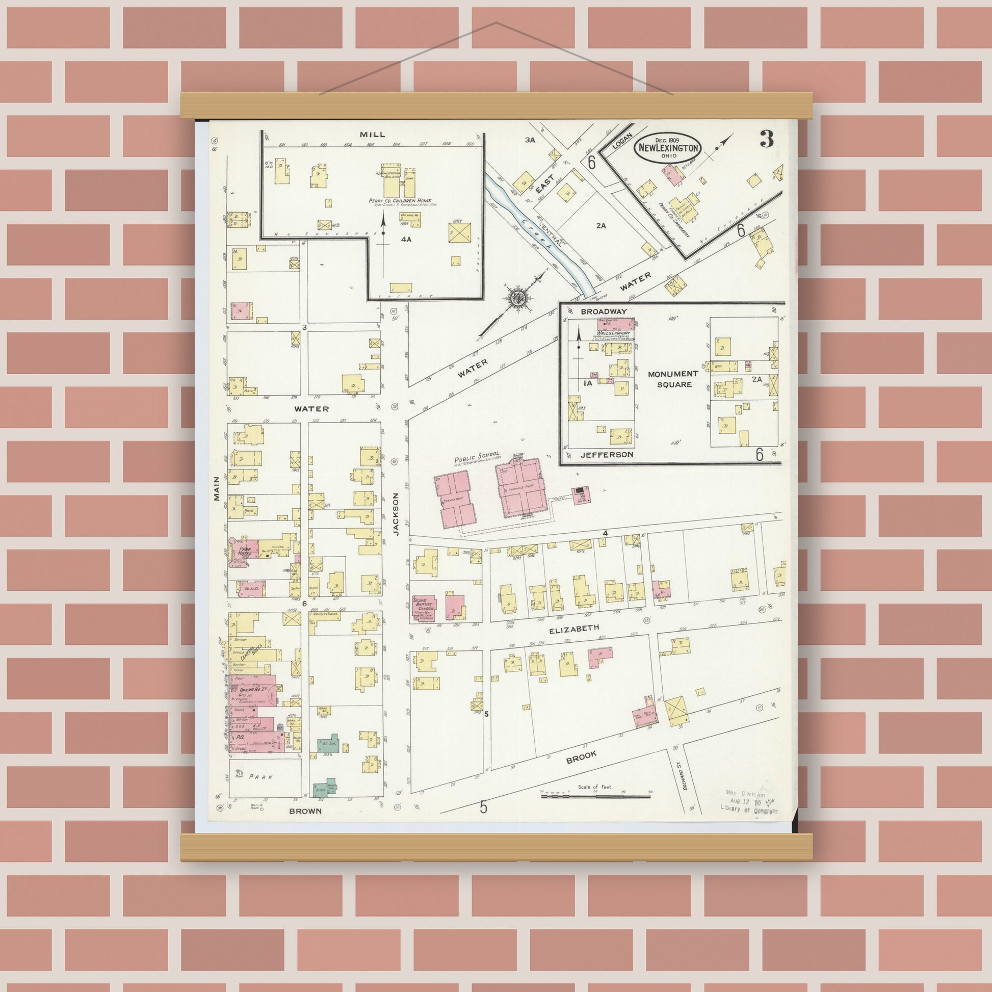 Old map wall art mockup — magnetic wood frame on brick wall — Sanborn Fire Insurance Map from New Lexington, Perry County, Ohio (1909), Sheet #0003