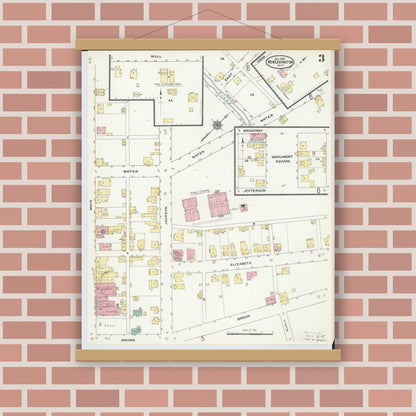 Old map wall art mockup — magnetic wood frame on brick wall — Sanborn Fire Insurance Map from New Lexington, Perry County, Ohio (1909), Sheet #0003