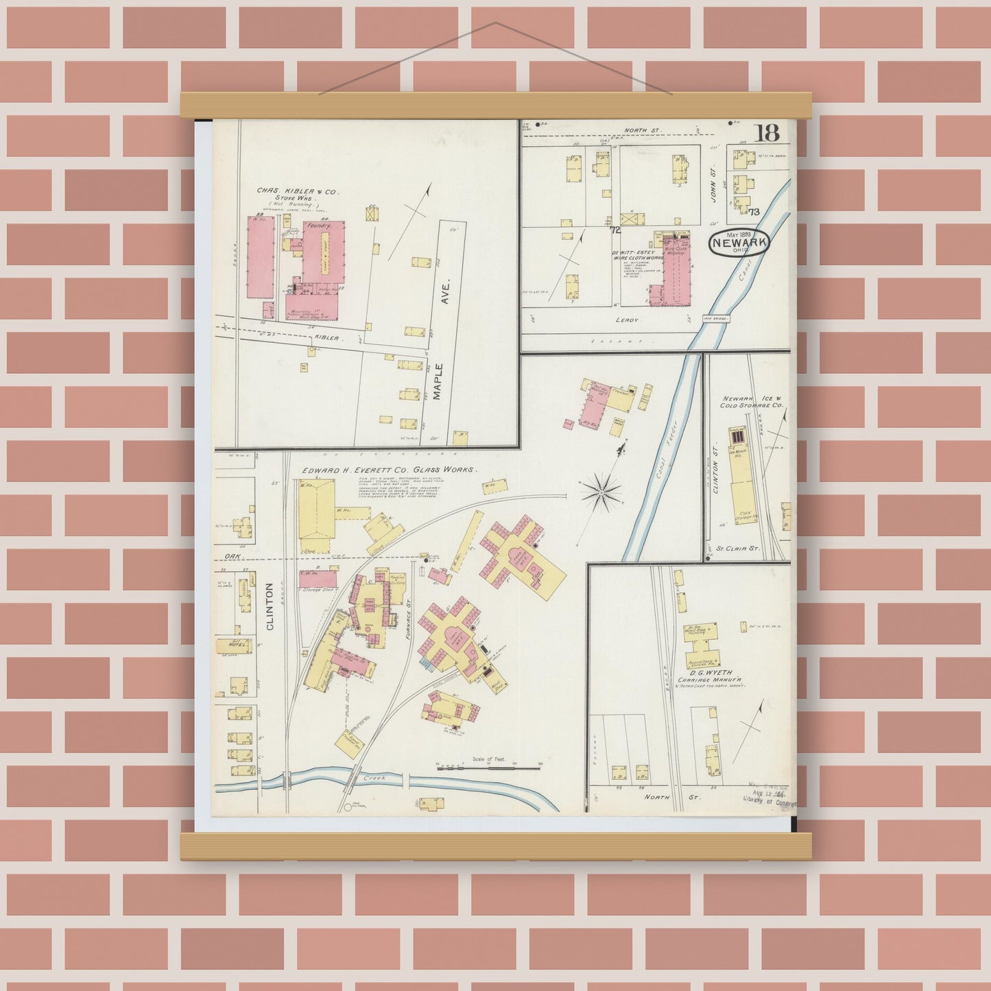 Old map wall art mockup — magnetic wood frame on brick wall — Sanborn Fire Insurance Map from Newark, Licking County, Ohio (1893), Sheet #0018