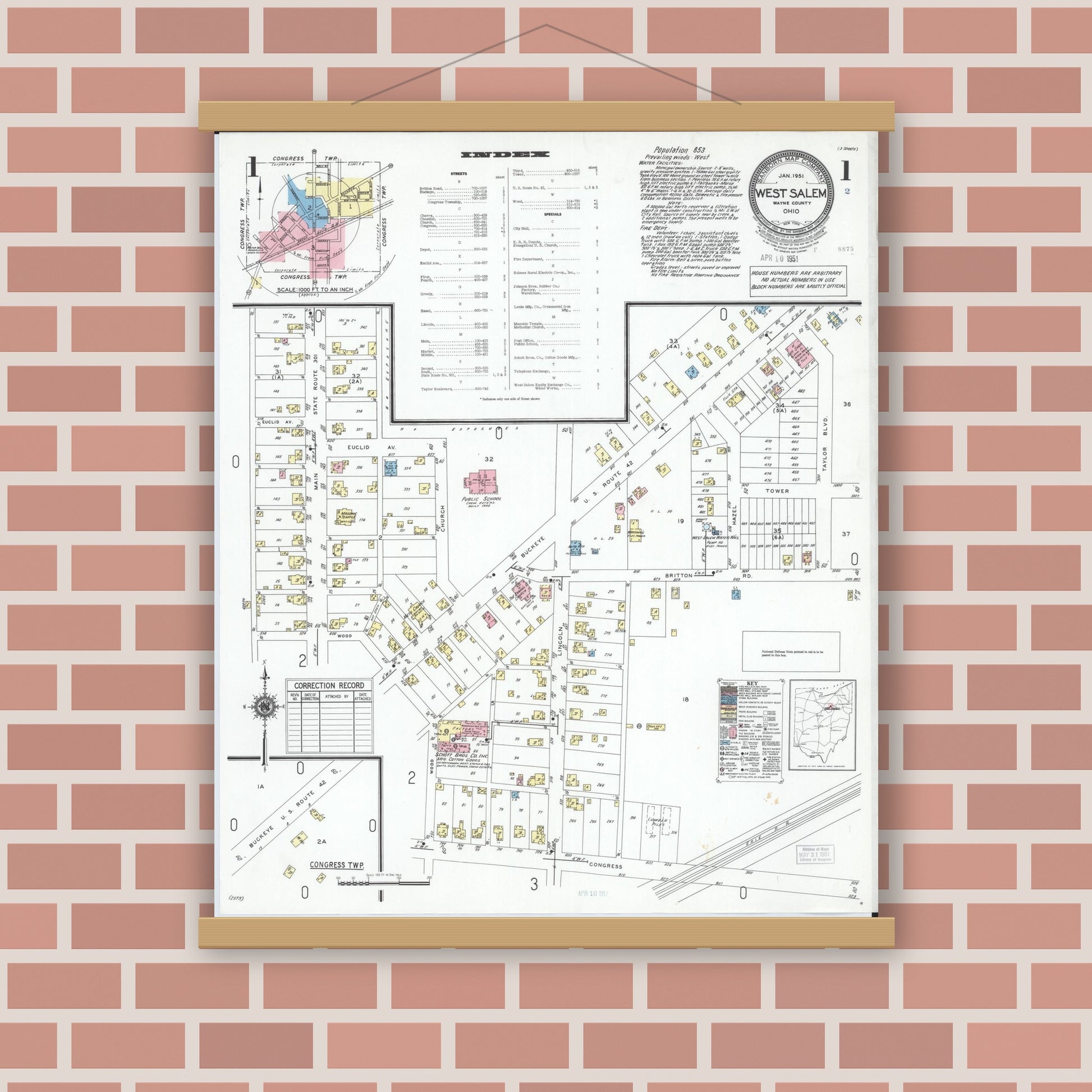 Old map wall art mockup — magnetic wood frame on brick wall — Sanborn Fire Insurance Map from West Salem, Wayne County, Ohio (1951) - Complete Map Set