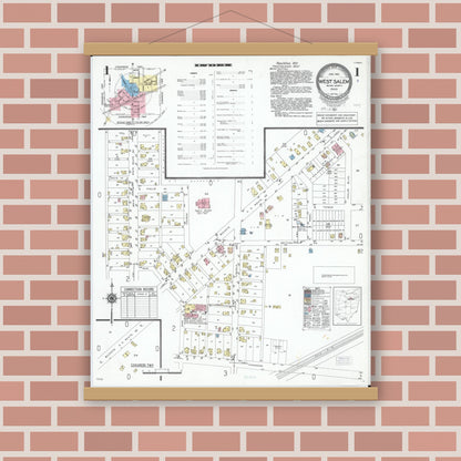 Old map wall art mockup — magnetic wood frame on brick wall — Sanborn Fire Insurance Map from West Salem, Wayne County, Ohio (1951) - Complete Map Set