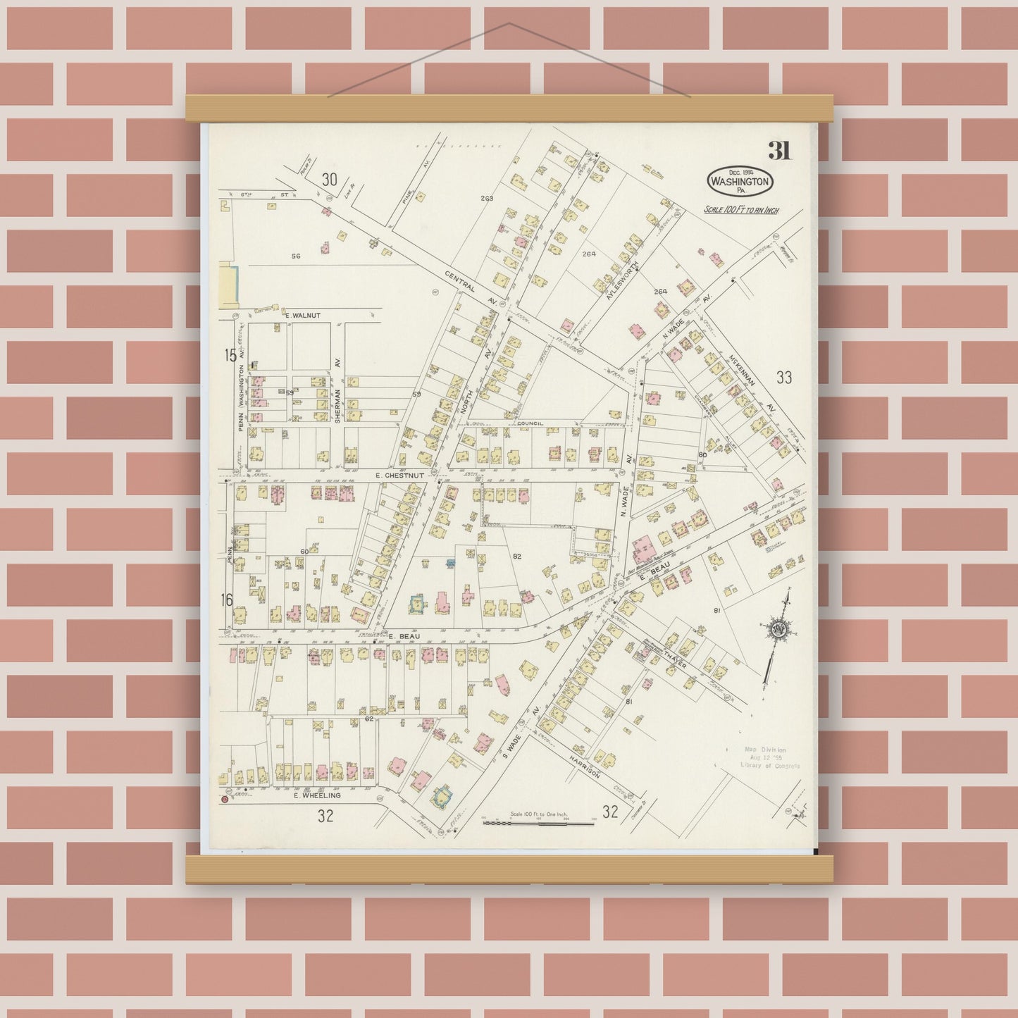 Old map wall art mockup — magnetic wood frame on brick wall — Sanborn Fire Insurance Map from Washington, Washington County, Pennsylvania (1914), Sheet #0031