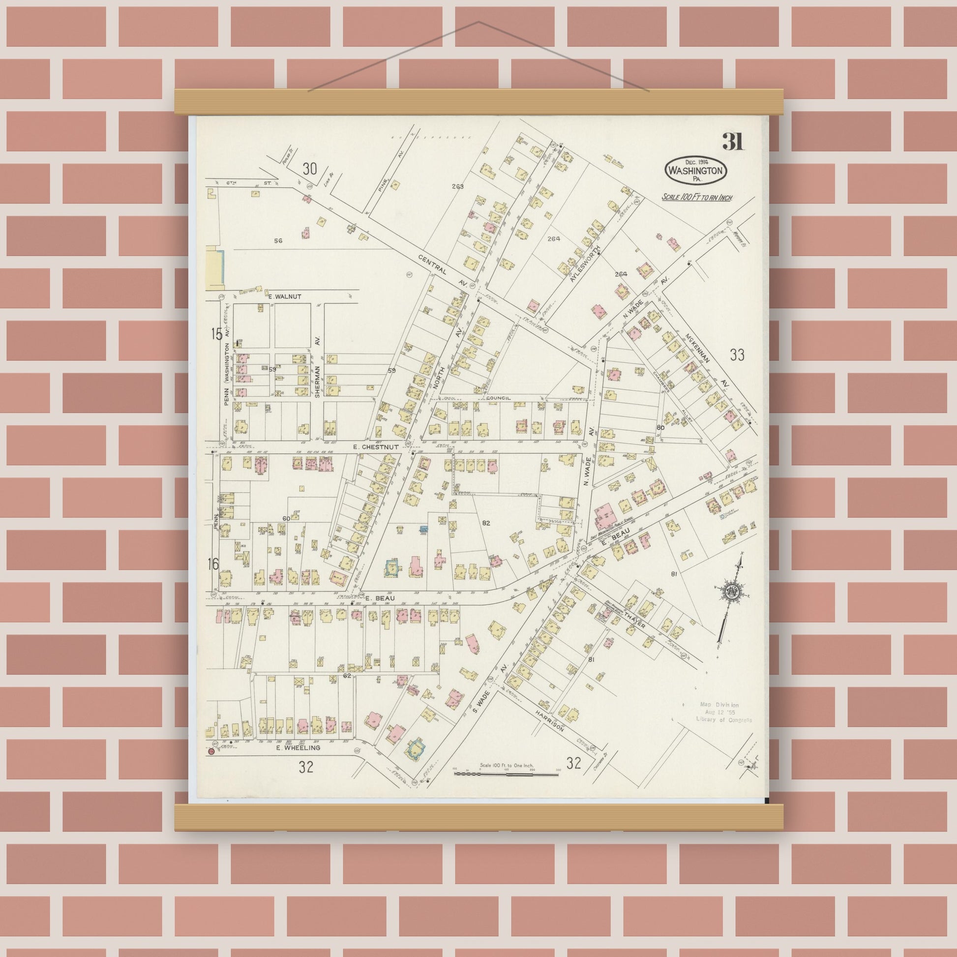Old map wall art mockup — magnetic wood frame on brick wall — Sanborn Fire Insurance Map from Washington, Washington County, Pennsylvania (1914), Sheet #0031