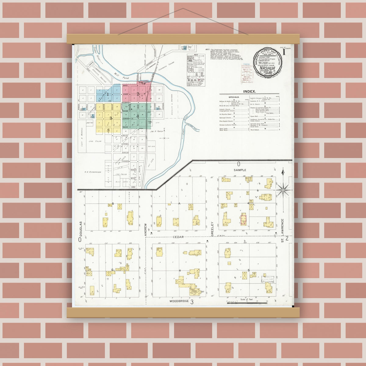 Old map wall art mockup — magnetic wood frame on brick wall — Sanborn Fire Insurance Map from Nashua, Chickasaw County, Iowa (1900) â€” Complete Set