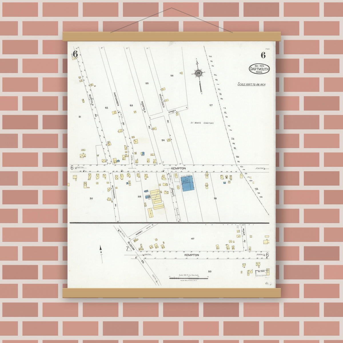 Old map wall art mockup — magnetic wood frame on brick wall — Sanborn Fire Insurance Map from Dartmouth, Bristol County, Massachusetts (1924), Sheet #0006