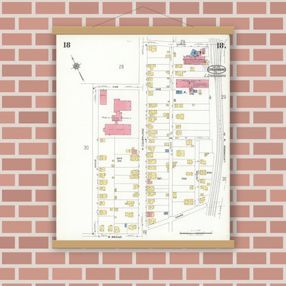Old map wall art mockup — magnetic wood frame on brick wall — Sanborn Fire Insurance Map from Stroudsburg, Monroe County, Pennsylvania (1923), Sheet #0018