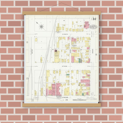 Old map wall art mockup — magnetic wood frame on brick wall — Sanborn Fire Insurance Map from Marietta, Washington County, Ohio (1907), Sheet #0014