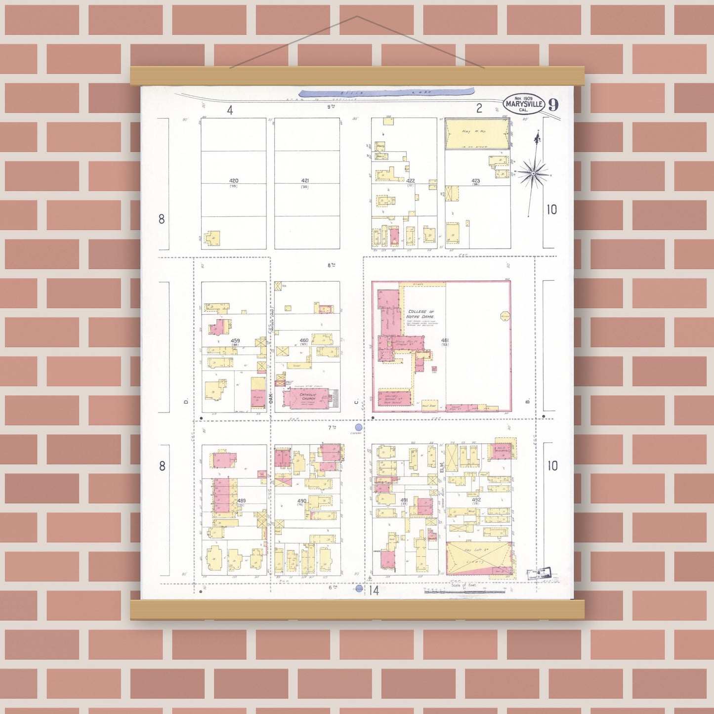Old map wall art mockup — magnetic wood frame on brick wall — Sanborn Fire Insurance Map from Marysville, Yuba County, California (1909), Sheet #0009
