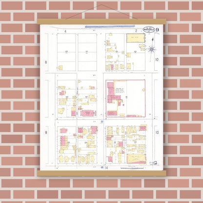 Old map wall art mockup — magnetic wood frame on brick wall — Sanborn Fire Insurance Map from Marysville, Yuba County, California (1909), Sheet #0009