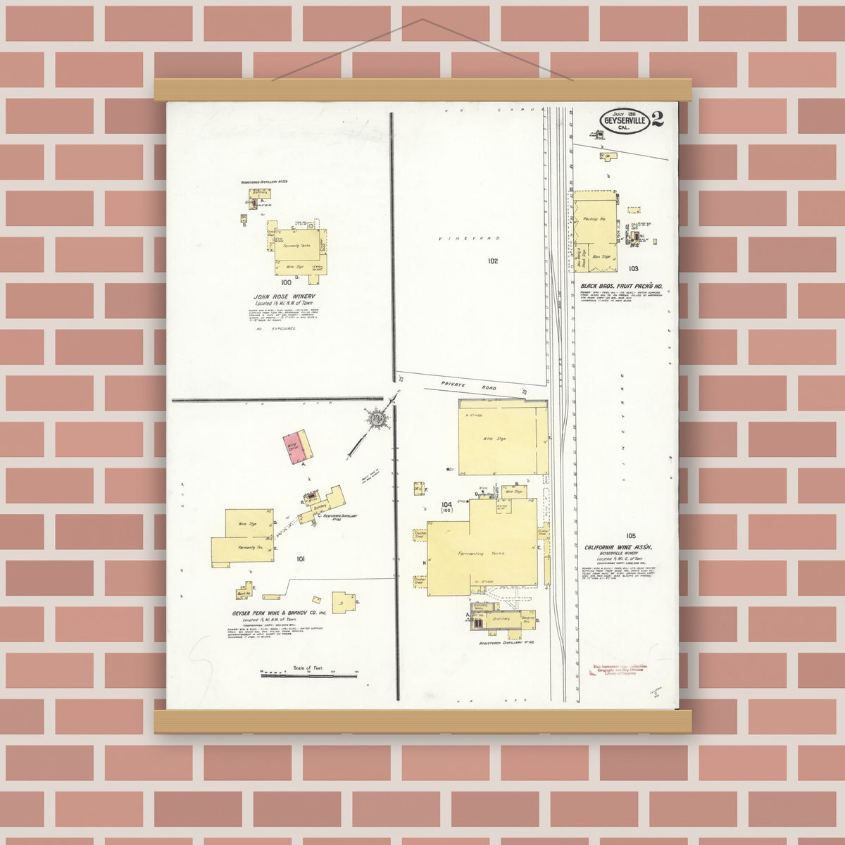 Old map wall art mockup — magnetic wood frame on brick wall — Sanborn Fire Insurance Map from Geyserville, Sonoma County, California (1911), Sheet #0002