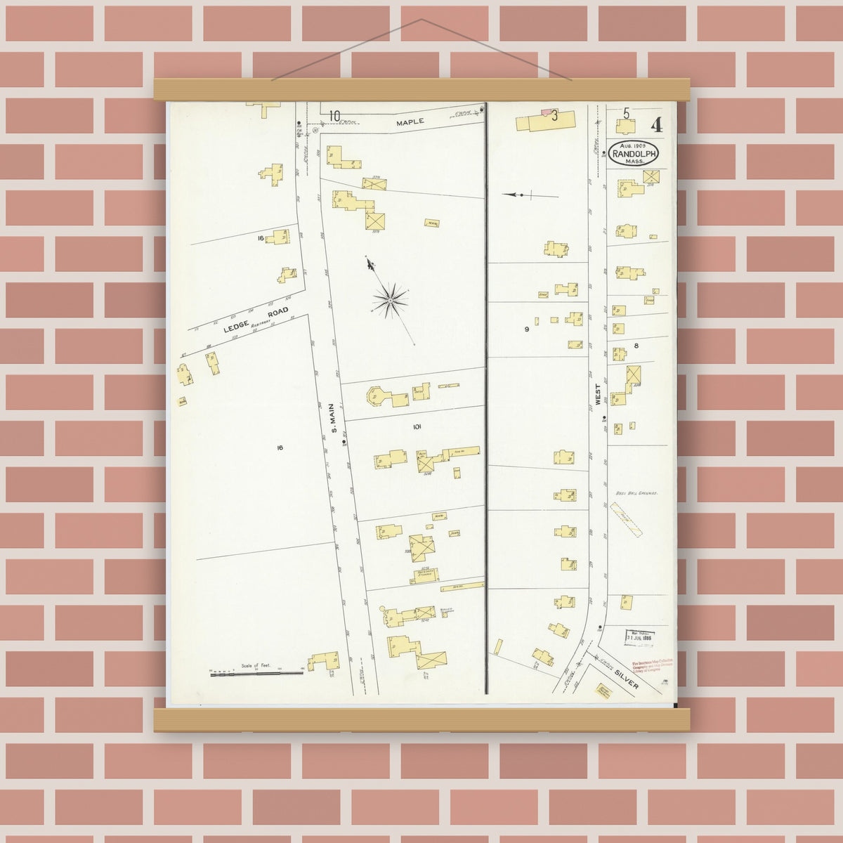 Old map wall art mockup — magnetic wood frame on brick wall — Sanborn Fire Insurance Map from Randolph, Norfolk County, Massachusetts (1909), Sheet #0004