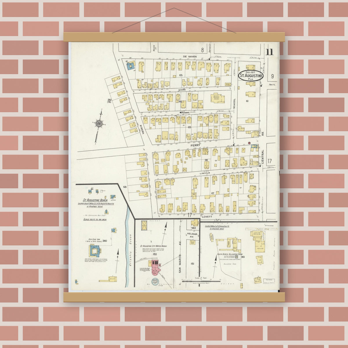 Old map wall art mockup — magnetic wood frame on brick wall — Sanborn Fire Insurance Map from Saint Augustine, Saint John's County, Florida (1917), Sheet #0011