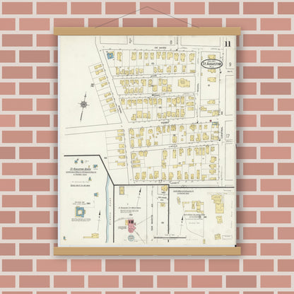 Old map wall art mockup — magnetic wood frame on brick wall — Sanborn Fire Insurance Map from Saint Augustine, Saint John's County, Florida (1917), Sheet #0011