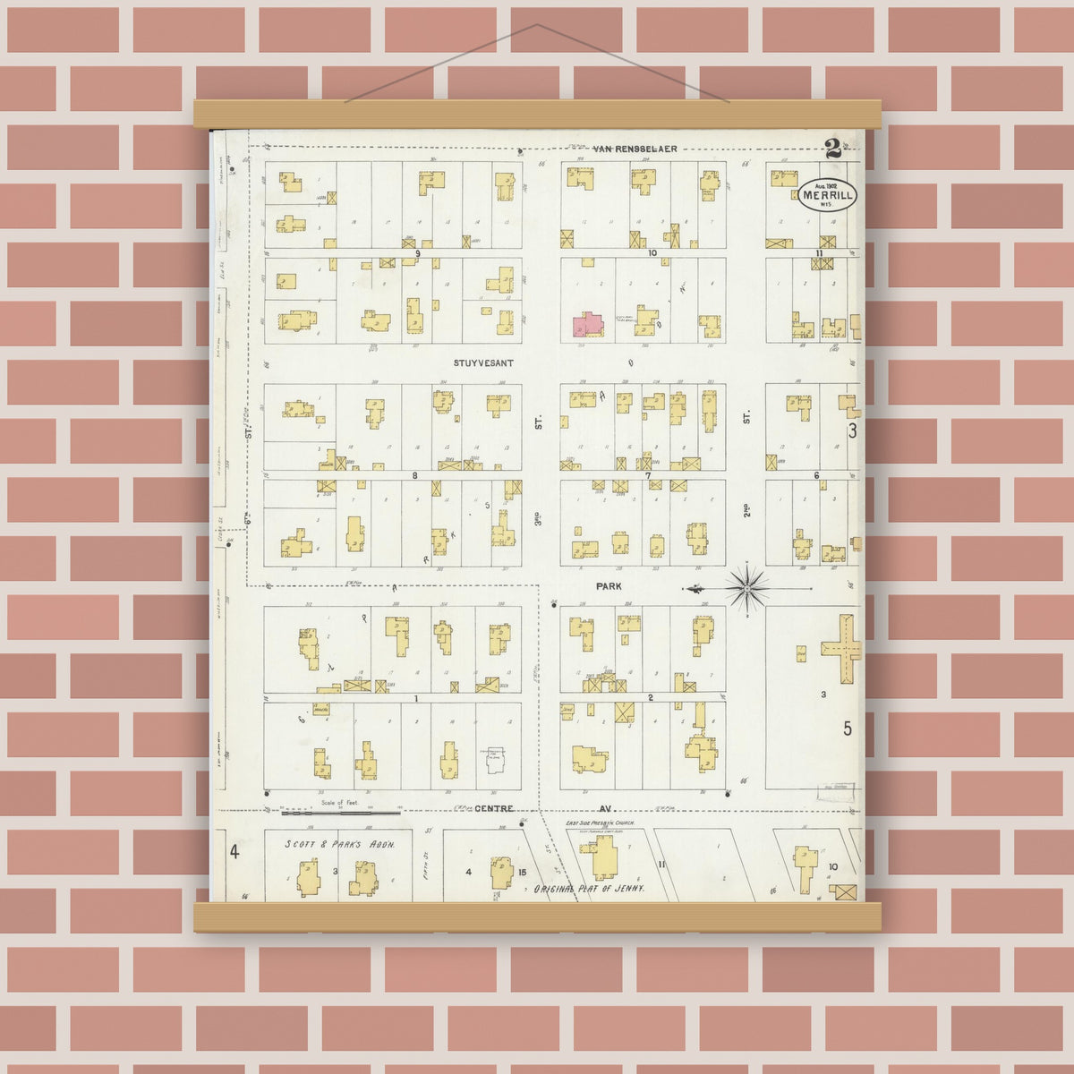 Old map wall art mockup — magnetic wood frame on brick wall — Sanborn Fire Insurance Map from Merrill, Lincoln County, Wisconsin (1902), Sheet #0002
