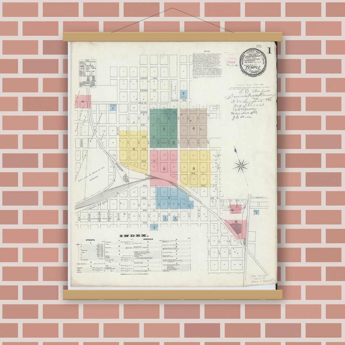 Old map wall art mockup — magnetic wood frame on brick wall — Sanborn Fire Insurance Map from Temple, Bell County, Texas (1893) - Complete Map Set