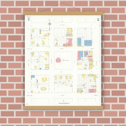 Old map wall art mockup — magnetic wood frame on brick wall — Sanborn Fire Insurance Map from Kyle, Hays County, Texas (1936), Sheet #0002