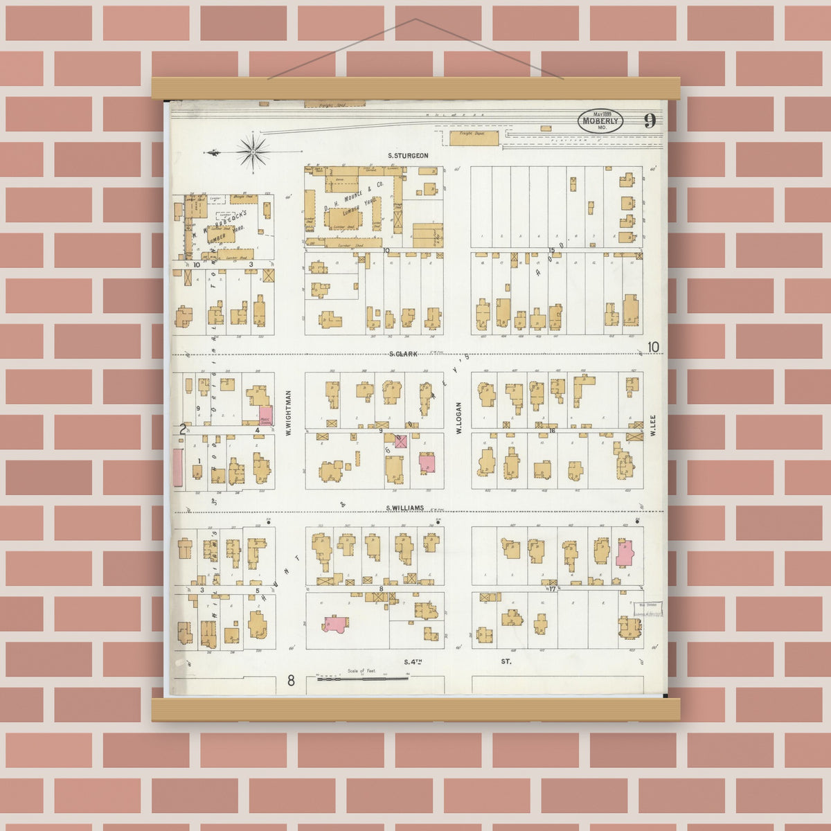 Old map wall art mockup — magnetic wood frame on brick wall — Sanborn Fire Insurance Map from Moberly, Randolph County, Missouri (1899), Sheet #0009