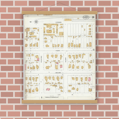 Old map wall art mockup — magnetic wood frame on brick wall — Sanborn Fire Insurance Map from Moberly, Randolph County, Missouri (1899), Sheet #0009