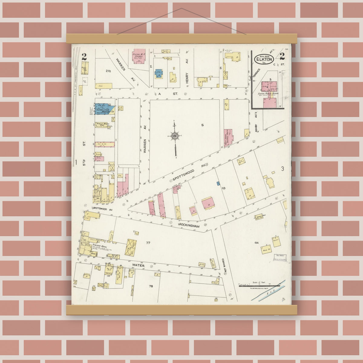 Old map wall art mockup — magnetic wood frame on brick wall — Sanborn Fire Insurance Map from Elkton, Rockingham County, Virginia (1924), Sheet #0002