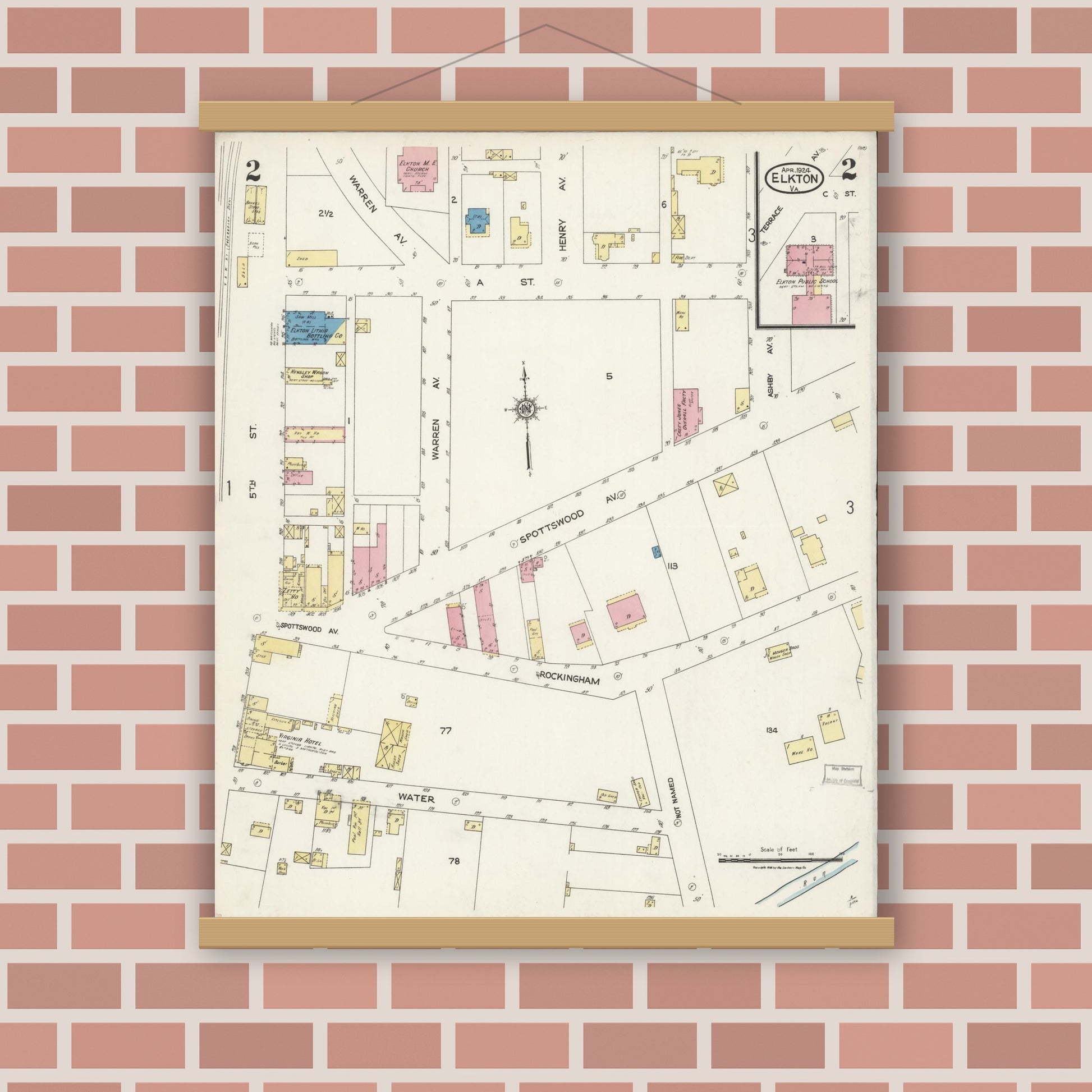 Old map wall art mockup — magnetic wood frame on brick wall — Sanborn Fire Insurance Map from Elkton, Rockingham County, Virginia (1924), Sheet #0002