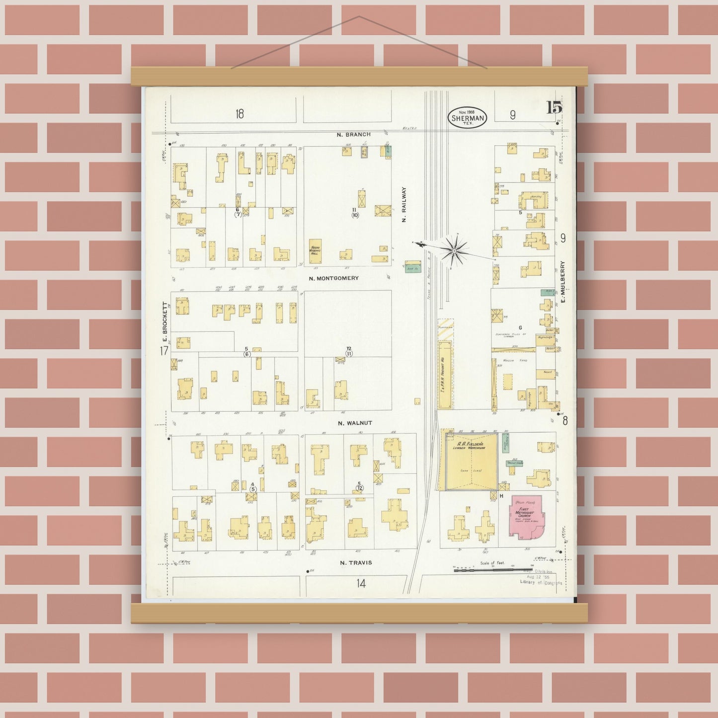 Old map wall art mockup — magnetic wood frame on brick wall — Sanborn Fire Insurance Map from Sherman, Grayson County, Texas (1908), Sheet #0015