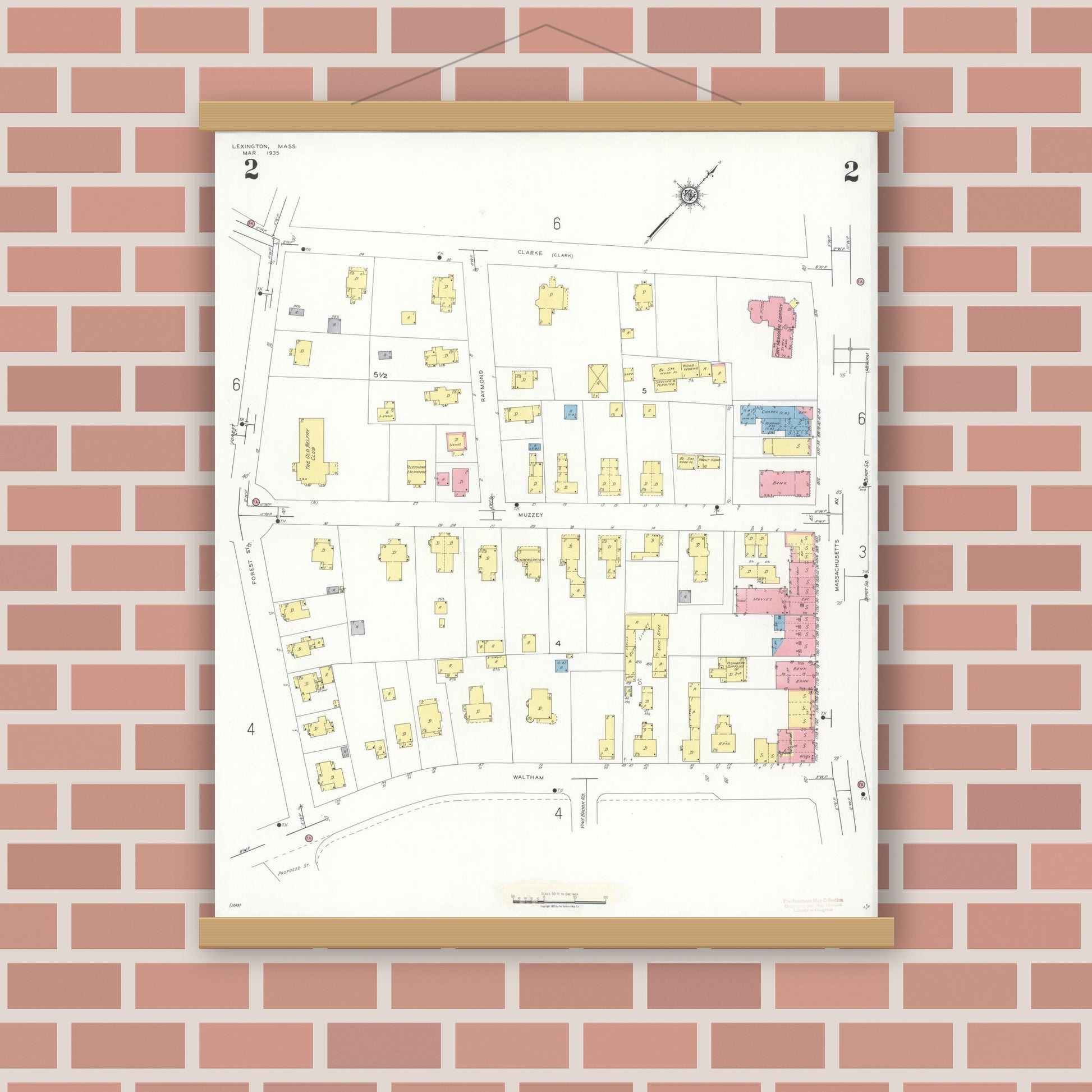 Old map wall art mockup — magnetic wood frame on brick wall — Sanborn Fire Insurance Map from Lexington, Middlesex County, Massachusetts (1935), Sheet #0002