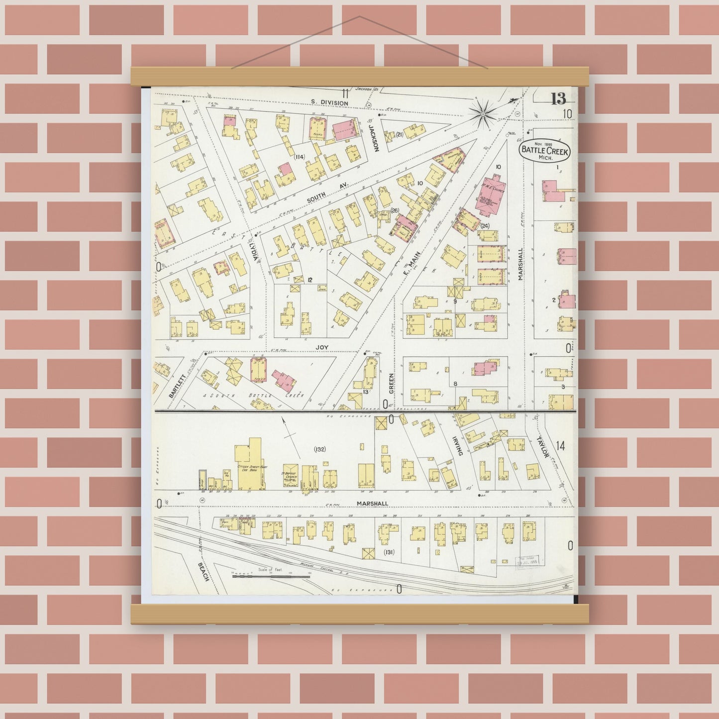 Old map wall art mockup — magnetic wood frame on brick wall — Sanborn Fire Insurance Map from Battle Creek, Calhoun County, Michigan (1899), Sheet #0013