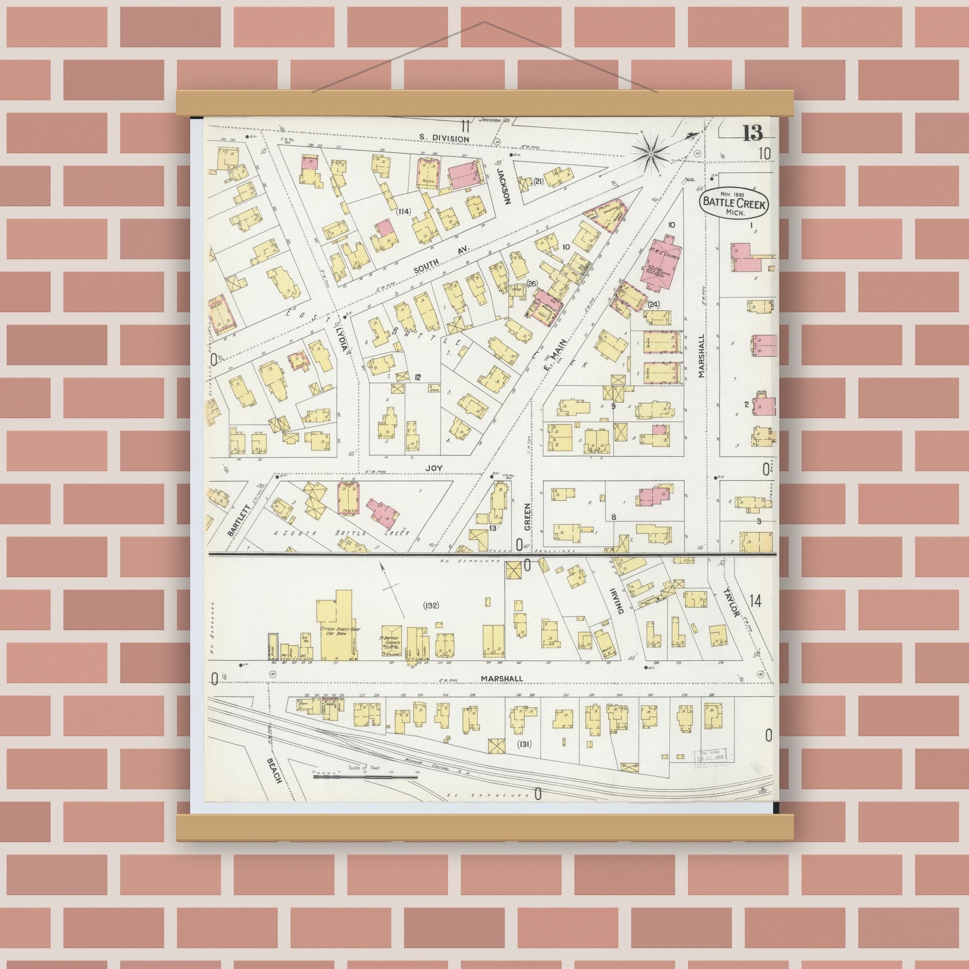 Old map wall art mockup — magnetic wood frame on brick wall — Sanborn Fire Insurance Map from Battle Creek, Calhoun County, Michigan (1899), Sheet #0013