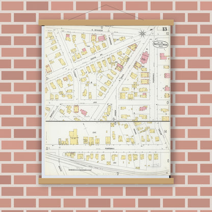 Old map wall art mockup — magnetic wood frame on brick wall — Sanborn Fire Insurance Map from Battle Creek, Calhoun County, Michigan (1899), Sheet #0013