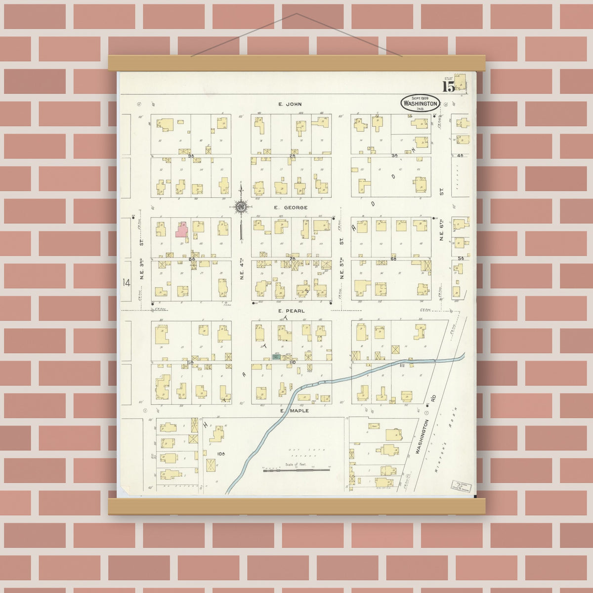 Old map wall art mockup — magnetic wood frame on brick wall — Sanborn Fire Insurance Map from Washington, Daviess County, Indiana (1909), Sheet #0015