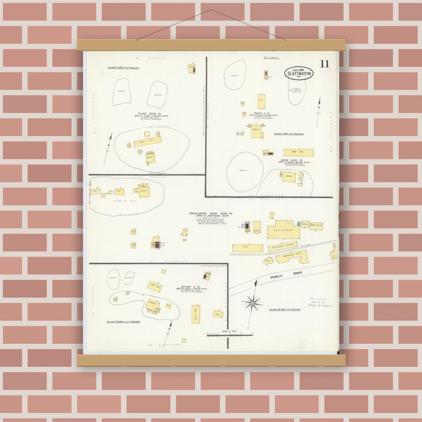 Old map wall art mockup — magnetic wood frame on brick wall — Sanborn Fire Insurance Map from Slatington, Lehigh County, Pennsylvania (1908), Sheet #0011