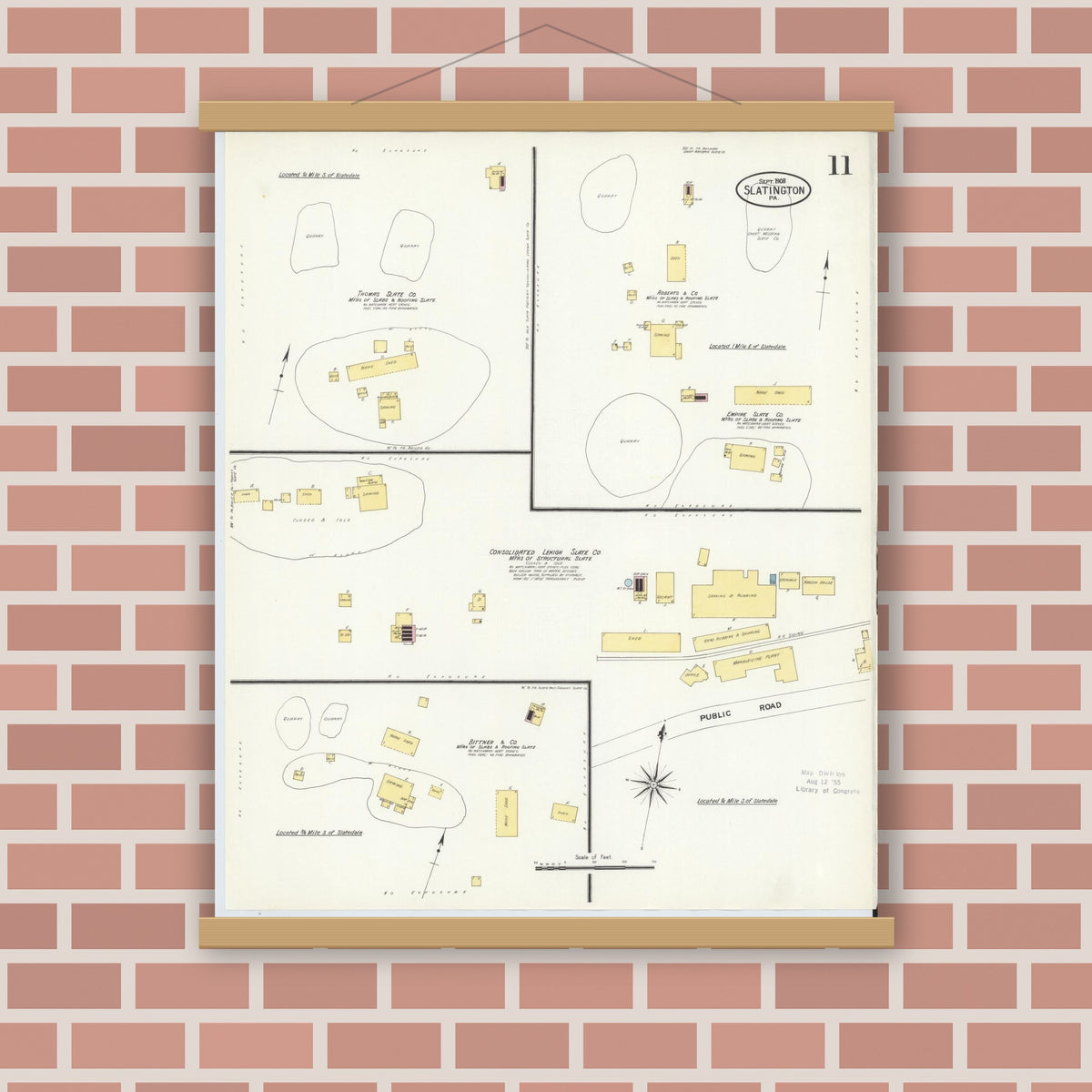 Old map wall art mockup — magnetic wood frame on brick wall — Sanborn Fire Insurance Map from Slatington, Lehigh County, Pennsylvania (1908), Sheet #0011