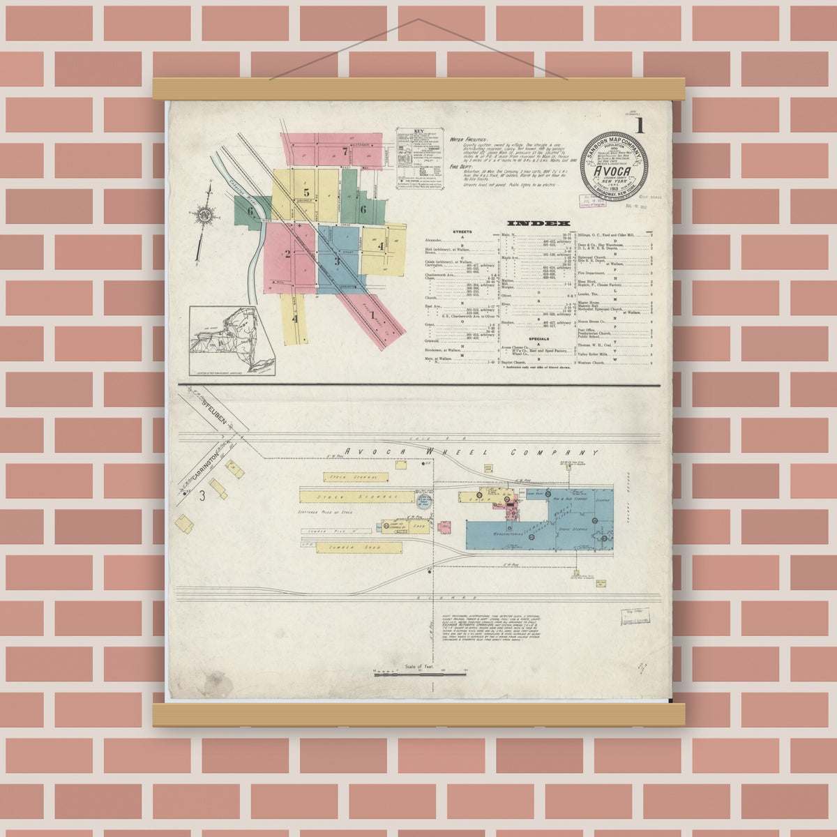 Old map wall art mockup — magnetic wood frame on brick wall — Sanborn Fire Insurance Map from Avoca, Steuben County, New York (1913) - Complete Map Set