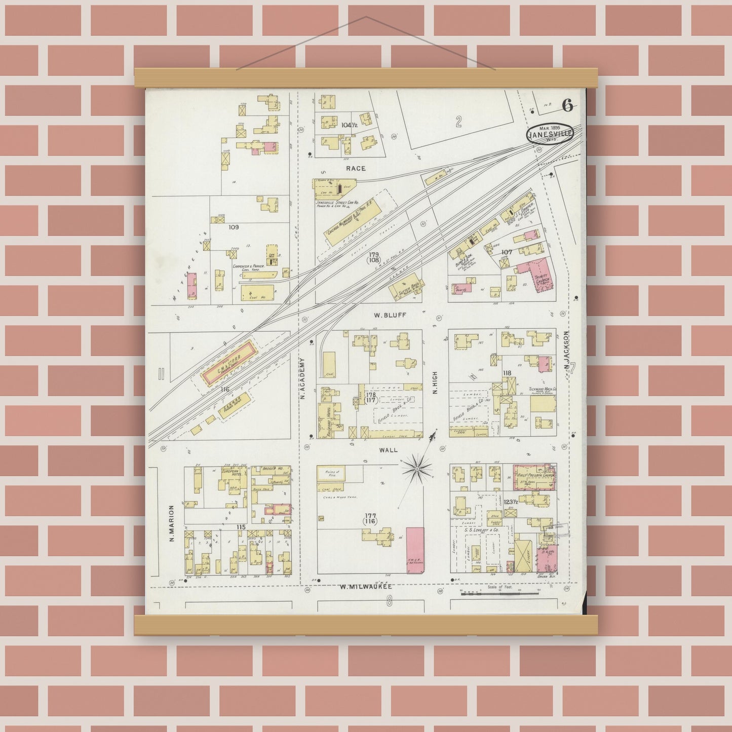 Old map wall art mockup — magnetic wood frame on brick wall — Sanborn Fire Insurance Map from Janesville, Rock County, Wisconsin (1895), Sheet #0006