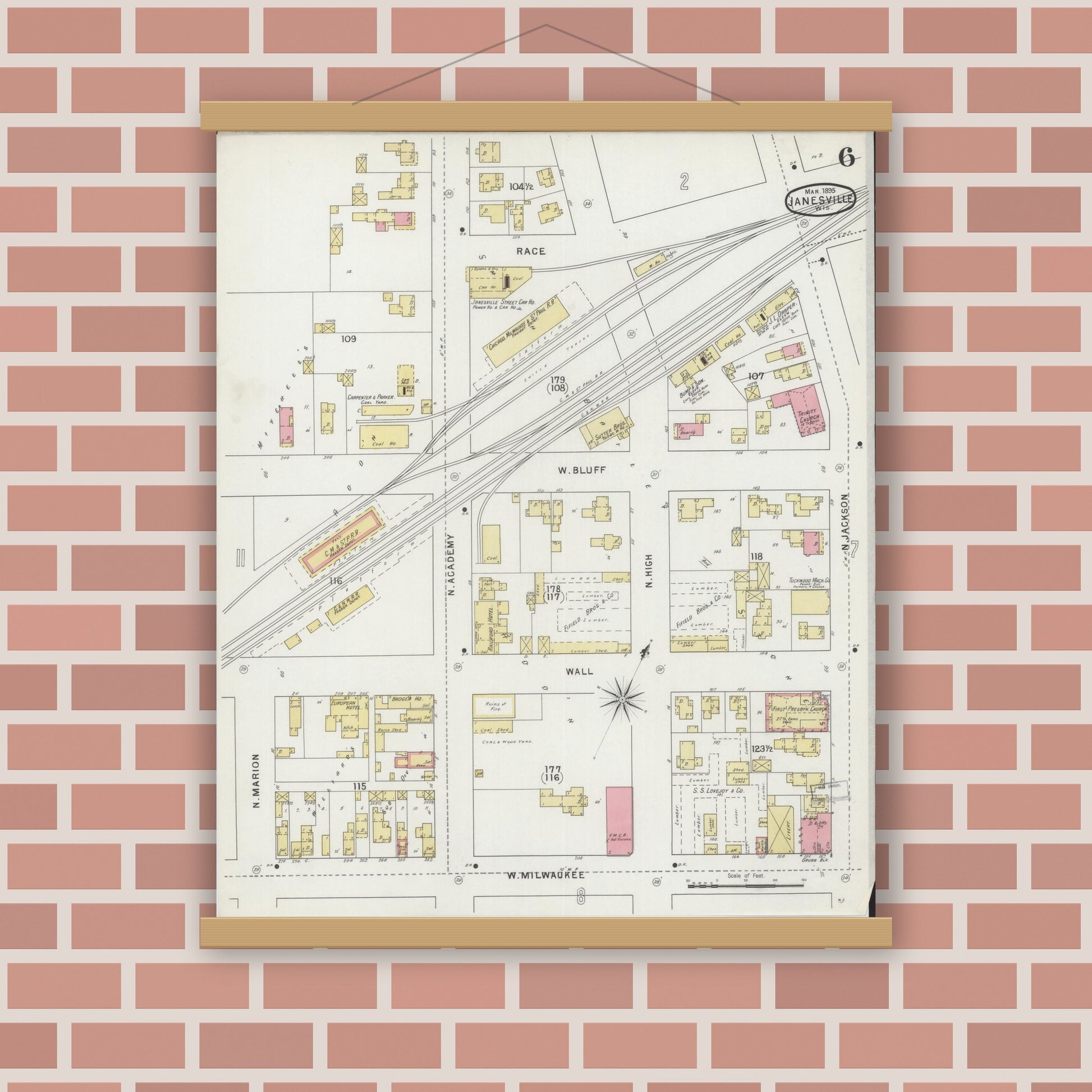 Old map wall art mockup — magnetic wood frame on brick wall — Sanborn Fire Insurance Map from Janesville, Rock County, Wisconsin (1895), Sheet #0006