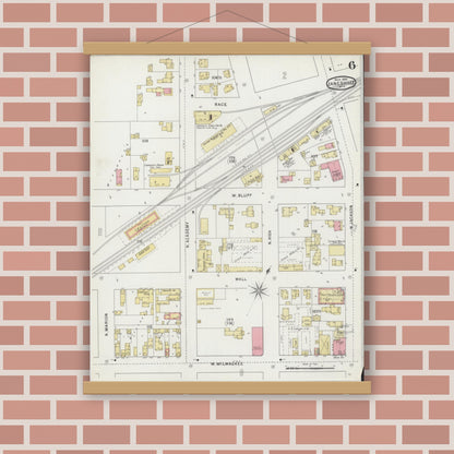Old map wall art mockup — magnetic wood frame on brick wall — Sanborn Fire Insurance Map from Janesville, Rock County, Wisconsin (1895), Sheet #0006