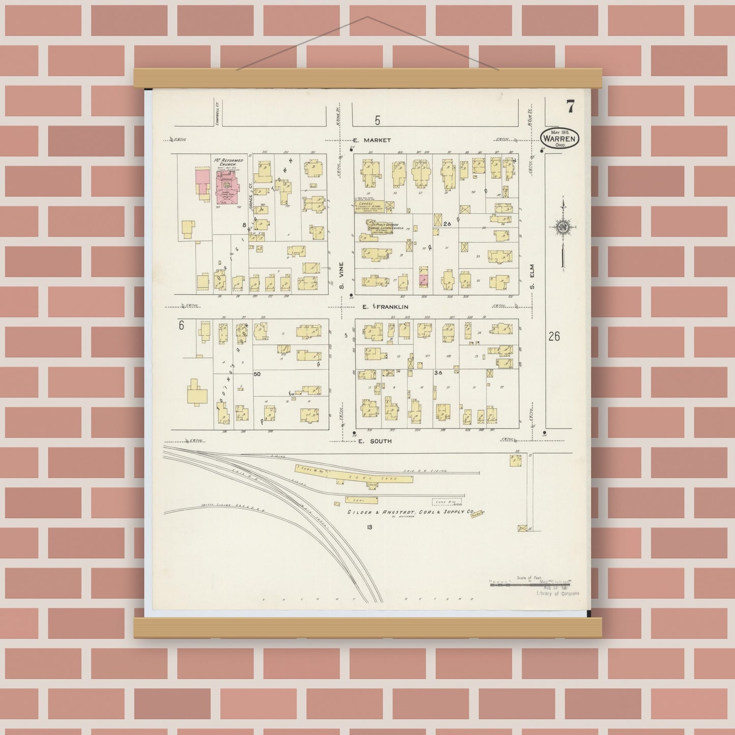 Old map wall art mockup — magnetic wood frame on brick wall — Sanborn Fire Insurance Map from Warren, Trumbull County, Ohio (1915), Sheet #0007