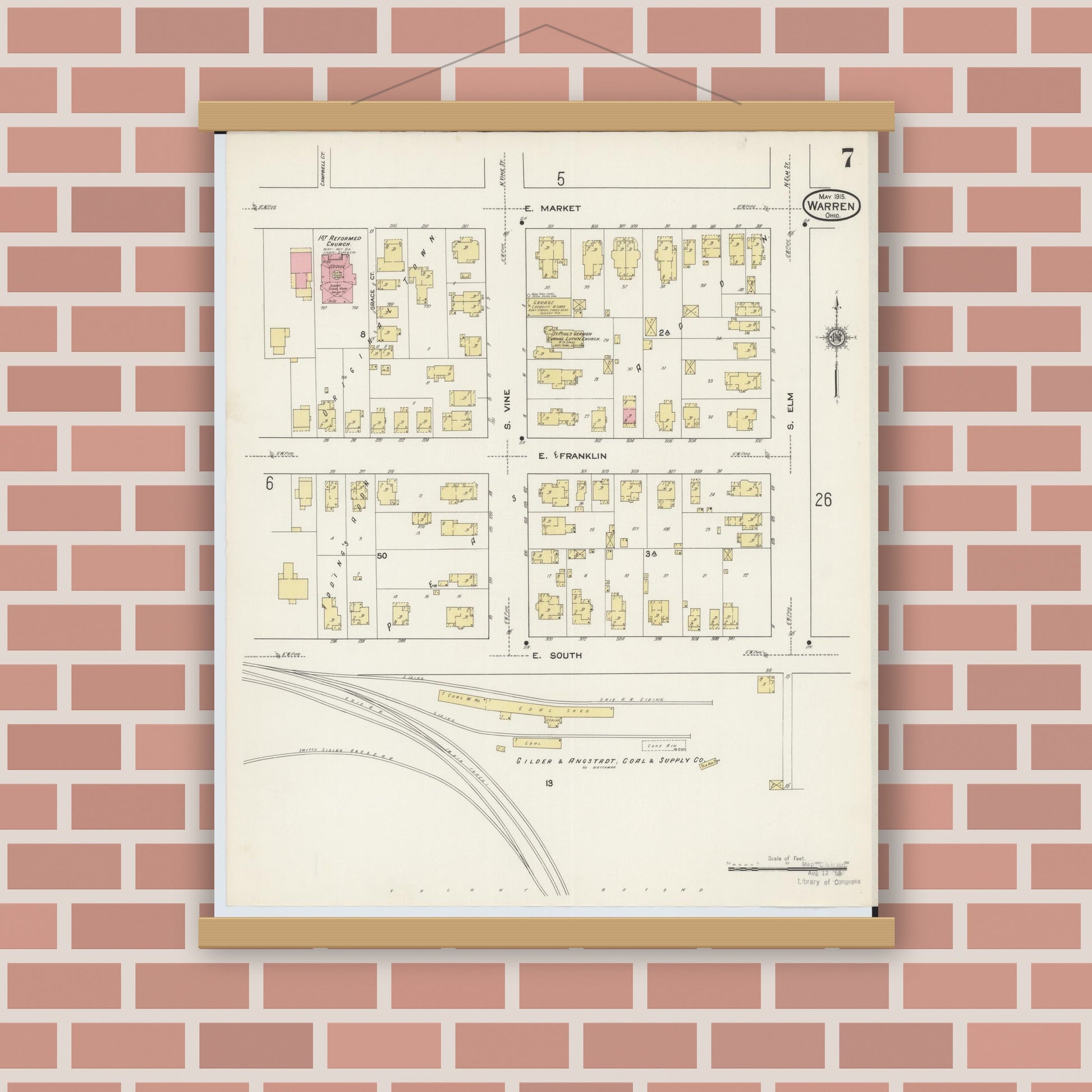 Old map wall art mockup — magnetic wood frame on brick wall — Sanborn Fire Insurance Map from Warren, Trumbull County, Ohio (1915), Sheet #0007