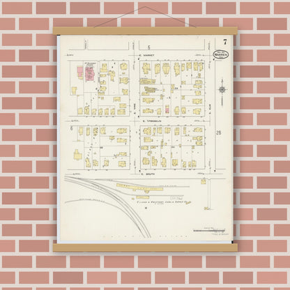 Old map wall art mockup — magnetic wood frame on brick wall — Sanborn Fire Insurance Map from Warren, Trumbull County, Ohio (1915), Sheet #0007